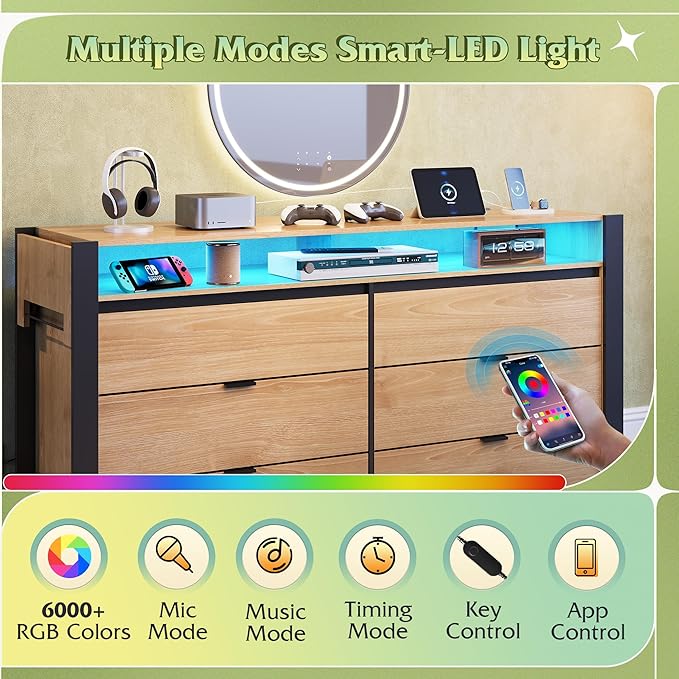 WLIVE 78 Inch LED Dresser for Bedroom, Wood Dresser with Charging Station, Large Chest of Drawers Expandable with Flexible Shelves and Hanging Rack, for Closet, Living Room (85" TV), Light Oak