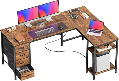 Huuger 55 Inch L Shaped Desk with Fabric Drawers, Reversible Computer Gaming Desk with Power Outlets and USB-C Port, Adjustable Side Storage Shelves, for Work Study Corner Home Office, Rustic Brown