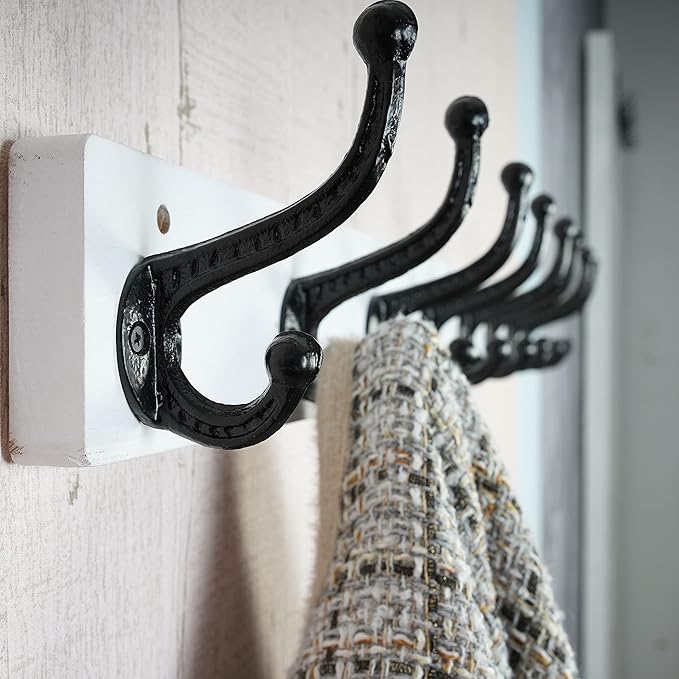 WEBI Rustic Coat Rack Wall Mount,5 Cast Iron Coat Hooks Wall Mounted,Heavy Duty Wall Coat Hanger,Vintage Hooks for Hanging Coats,Clothes,Black on White