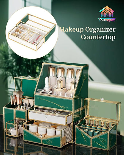 Youdepot Extra Large Makeup Organizer, Glass Cosmetic Storage with Drawers, Stackable Makeup and Jewelry Organizer for Vanity Table, Bathroom Countertop, Skincare, Lipsticks, Perfume, Brushes