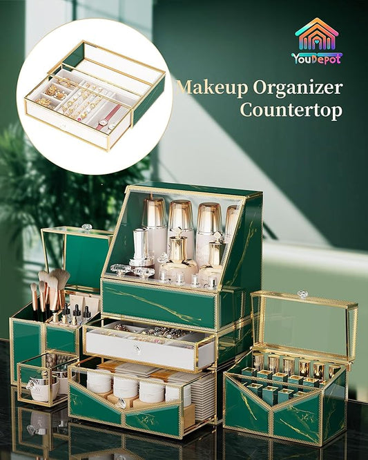 Youdepot Extra Large Makeup Organizer, Glass Cosmetic Storage with Drawers, Stackable Makeup and Jewelry Organizer for Vanity Table, Bathroom Countertop, Skincare, Lipsticks, Perfume, Brushes