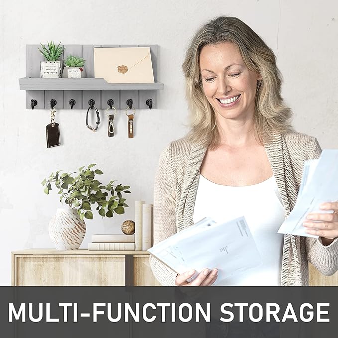 Rebee Vision Decorative Key and Mail Holder for Wall - Farmhouse 15 Inches Floating Shelf with 7 Sturdy Key Hooks for Home Entryway Wall Decor - Rustic Key Racks (Gray,15-inch)