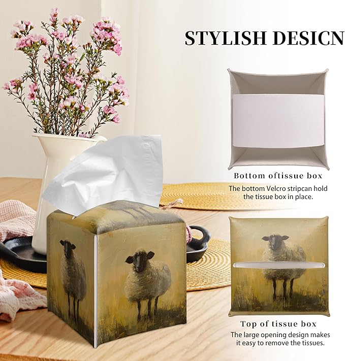 Grace Yonks Cute Sheep Tissue Box Cover Square, Farmhouse Cube Case for Facial Tissues, 5.2" PU Leather(069)