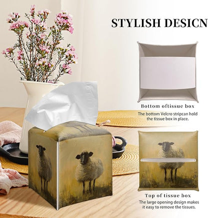 Grace Yonks Cute Sheep Tissue Box Cover Square, Farmhouse Cube Case for Facial Tissues, 5.2" PU Leather(069)