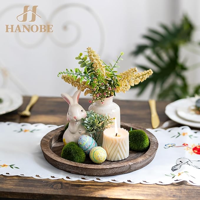 Hanobe Wooden Tray for Coffee Table: Candle Holder Plate Round Decorative Serving Tray - Vintage Table Centerpiece Rustic Farmhouse Home Decor
