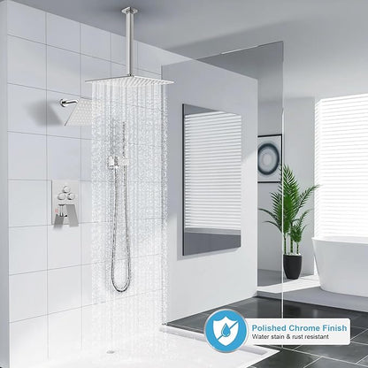 Shower Faucet Set Polished Chrome Shower System, Ceiling Mount 10 Inch Shower Head With Wall Mount 6 Inch Shower Head and 2 in 1 Handheld Spray, Push Button Diverter Shower Valve Trim Kit
