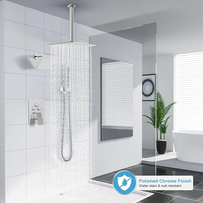 Shower Faucet Set Polished Chrome Shower System, Ceiling Mount 12 Inch Shower Head With Wall Mount 6 Inch Shower Head and 2 in 1 Handheld Spray, Push Button Diverter Shower Valve Trim Kit