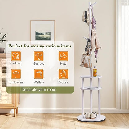 VECELO Coat Rack Freestanding, Entryway Hanger Stand, Umbrella Holder, Hall Tree With Hooks, Floor Standing Tree Stand,White