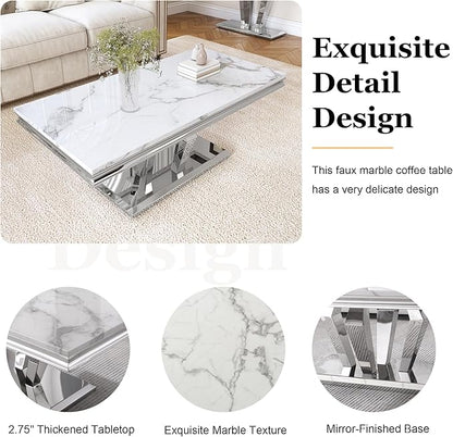 Modern Marble Coffee Table, 47" Living Room Table with Diamond-Shape Stainless Steel Base and Thickened Faux Marble Top for Living Room, Bedroom, Lounge (Silver,White)