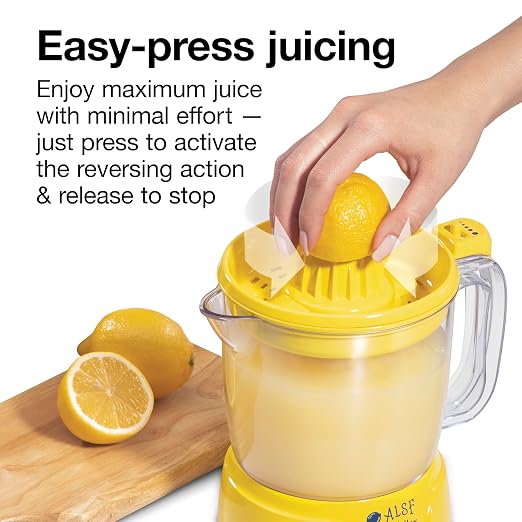 Proctor Silex Alex's Lemonade Stand Electric Citrus Juicer Machine, Large 34 oz. Pitcher, Pressure Activated, for Lemons, Limes and Oranges, 34 oz, Includes 2 Reamers & Recipe Book, Yellow (66341)