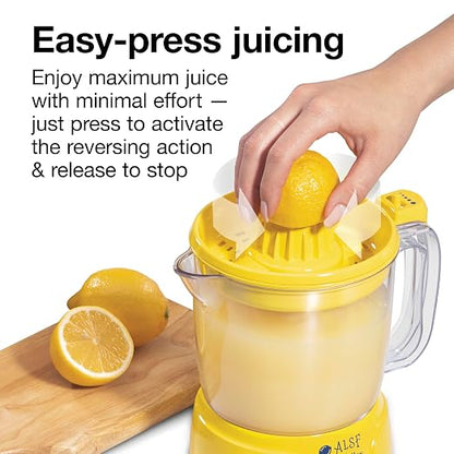 Proctor Silex Alex's Lemonade Stand Electric Citrus Juicer Machine, Large 34 oz. Pitcher, Pressure Activated, for Lemons, Limes and Oranges, 34 oz, Includes 2 Reamers & Recipe Book, Yellow (66341)