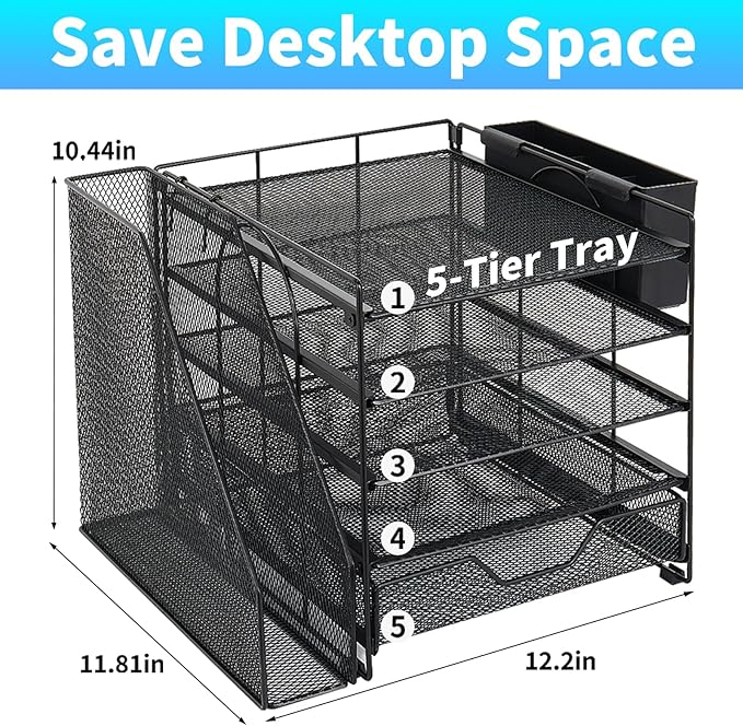 Desk Organizers and Accessories, 5-Tier Paper Letter Tray Organizer with File Holder, Drawer & Pen Holder, Office Desk Accessories, Desktop Organizer for Classroom Office Supplies, Black