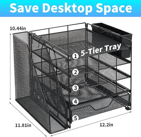 Desk Organizers and Accessories, 5-Tier Paper Letter Tray Organizer with File Holder, Drawer & Pen Holder, Office Desk Accessories, Desktop Organizer for Classroom Office Supplies, Black