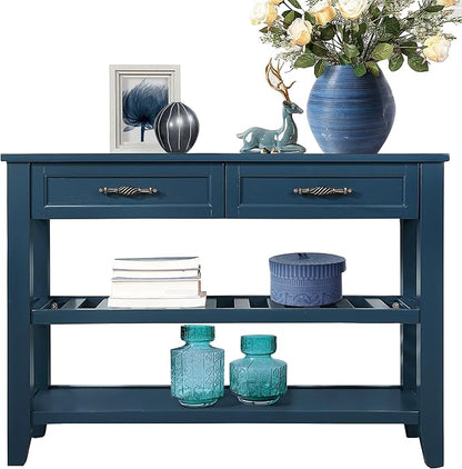 LKTART Solid Wood Console Table Entryway Table with Storage Drawers and Shelves Sofa Table for Entry Hallway Foyer(42" Navy Blue)