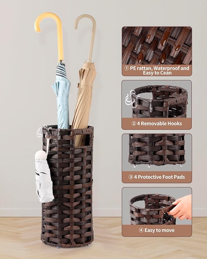 Rattan Umbrella Stand, Umbrella Holder for Entryway, Hand Woven Umbrella Rack Organizer Freestanding, with a Detachable Drip Tray, 4 Hooks, 7.5" L x 7.5" W x 16.5" H, Brown