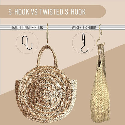 6 Purse Hanger for Closet. Tote Hanger. S-Shaped Hooks S Hooks Twist Design. Anti Drop S-Shaped Hook for Hanging Handbags with Safety Buckle to Prevent Falls. Heavy Duty. (Gold, Twisted)