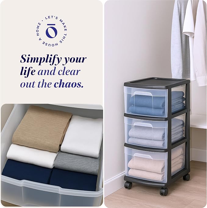 HOMZ 3-Drawer Storage Cart, Plastic Home and Office Organizer, Black Frame
