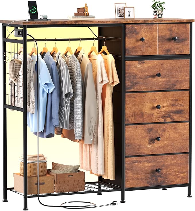 OLIXIS 6 Storage for Bedroom with Hanging Rack with LED Lights & Charging Station, Fabric Chest of Storage with Rack, Wooden Top, for Home Living Room Entryway Oak Greige
