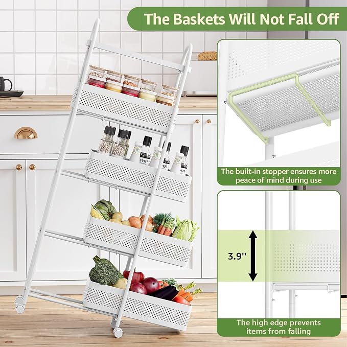 KINGRACK 5-Tier Slim Storage Cart with Pull Out Basket, Rolling Bathroom Organizer Utility, Metal Shelving Unit Slide Out, Lockable Wheels, Easy Assembly for Narrow Place, Kitchen, Laundry Room, White