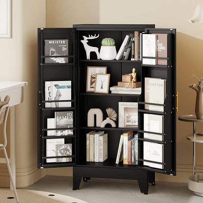 47" Kitchen Pantry Cabinet, Metal Storage Cabinet with 3 Adjustable Layer Shelves, 8 Door Shelves, Buffet Sideboard for Living Room, Kitchen, Black