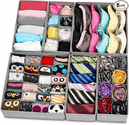 Wondersome Drawer Organizer for Clothes - 6-Pack of Underwear, Sock, Bra, Tie and Clothing Divider - Bedroom Shelf/Cabinet Storage Organization - Foldable Closet and Dresser Fabric Organizing Boxes
