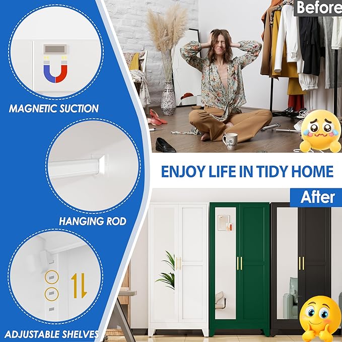 Metal Wardrobe Cabinet with Mirror and Hanging Rod, 71" Metal Clothing Storage Cabinets with 2 Doors and Adjustable Shelves, White Armoire Wardrobe Closet for Bedroom, Laundry Room, Cloak Room