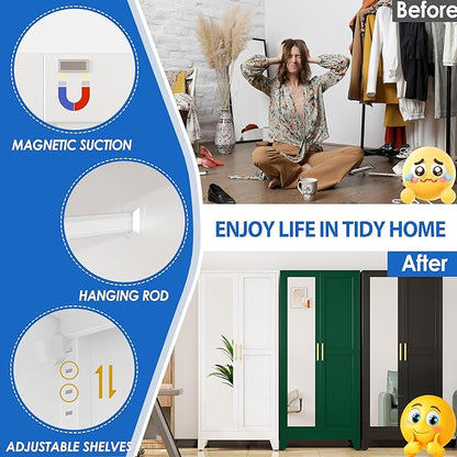 Metal Wardrobe Cabinet with Mirror and Hanging Rod, 71" Metal Clothing Storage Cabinets with 2 Doors and Adjustable Shelves, White Armoire Wardrobe Closet for Bedroom, Laundry Room, Cloak Room