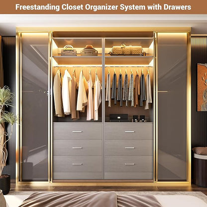 Closet System Set of 4, 8FT Closet Systems with 12 Wood Drawers, 96" Closet Organizer System with 4 Hanging Rods & 4 Shelves, Heavy Duty 96 Inch Walk-in Closet, Grey (96"L x 15" W x 80" H)