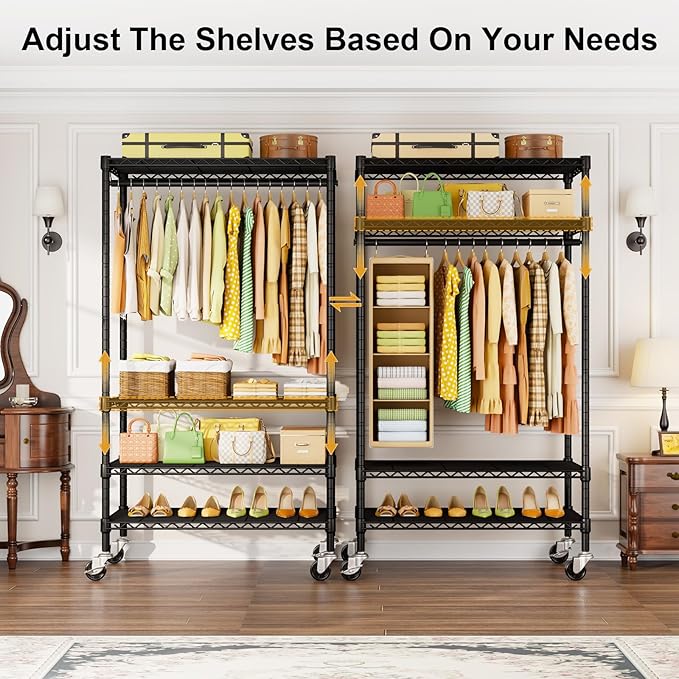P9 Rolling Clothes Rack Heavy Duty, Clothing Racks for Hanging Clothes, 4 Tiers Garment Rack with Wheels, Metal Portable Closet Rack, 35.5" L X 15.8" W X 80.5" H, Max Load 445 LBS, Black