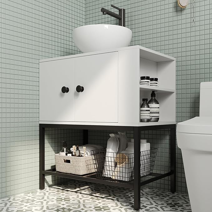 Modern Floor-Standing Bathroom Vanity with Ceramic Vessel Sink, 24 Inch White Wood Storage Cabinet with Black Steel Base, Minimalist Design Easy Assembly for Small Bathrooms