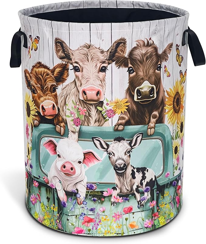 Farm Cow Pigs Laundry Basket Highland Cattle Animals Oxford Cloth Laundry Hamper With Handle Foldable Portable Clothes Storage Basket 18.9 X 16.5 Inch Storage Bag For Laundry Room/Bathroom/Bedroom