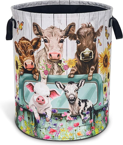 Farm Cow Pigs Laundry Basket Highland Cattle Animals Oxford Cloth Laundry Hamper With Handle Foldable Portable Clothes Storage Basket 18.9 X 16.5 Inch Storage Bag For Laundry Room/Bathroom/Bedroom