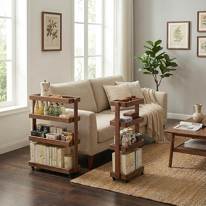 4-Tier Rolling Utility Cart with Lockable Wheels – Solid Oak Mobile Storage Trolley & Shelving Organizer for Kitchen, Living Room(Walnut, 7.87" D x 15.75" W x 31.89" H)
