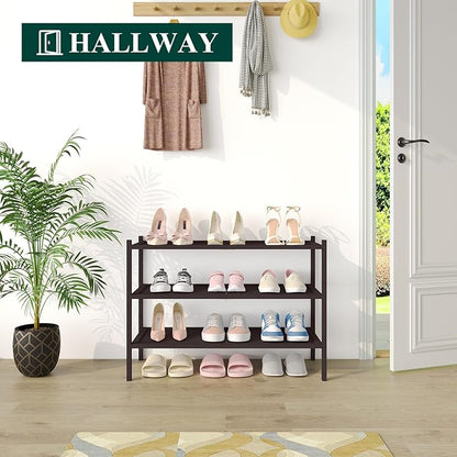Smiry Bamboo Shoe Rack, 3 Tier Shoe Organizer for Entryway & Closet, Stackable Free Standing Storage Shelf for Shoes, Bags & Plants, Brown