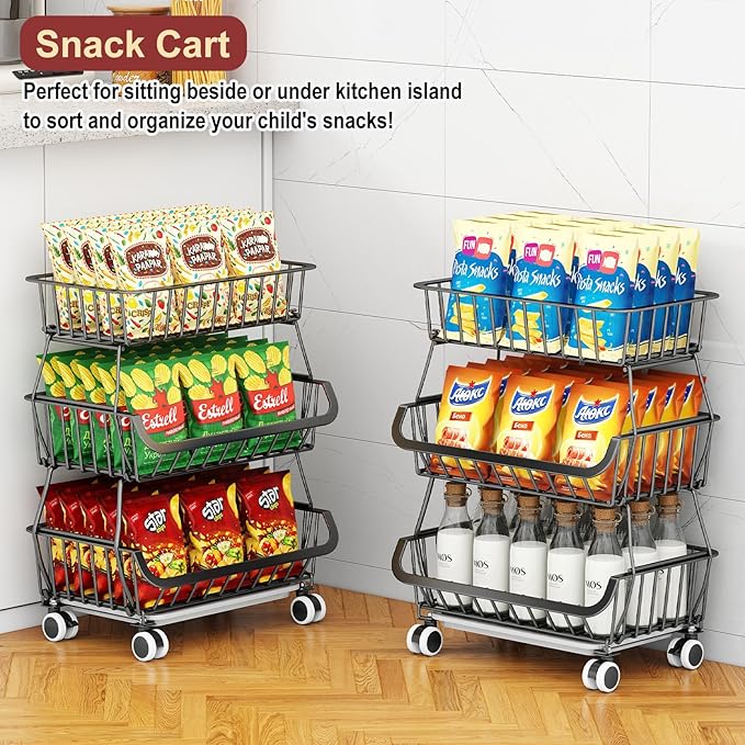 3-Tier Rolling Pantry Cart with Wheels, Stackable Wire Storage Floor Organizer for Kitchen Pantry Snack Shelves, Fruit Basket Stand, Vegetable Storage Rack for Food Snacks Onion Potato