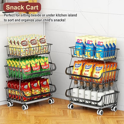 3-Tier Rolling Pantry Cart with Wheels, Stackable Wire Storage Floor Organizer for Kitchen Pantry Snack Shelves, Fruit Basket Stand, Vegetable Storage Rack for Food Snacks Onion Potato
