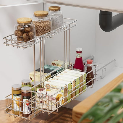 2 Tier Under Sink Organizer 11"W X18"D, Pull Out Cabinet Organizer One Removable Basket, Under Sink Slide Out Chrome Plated, Under Kitchen Bathroom Sink Organizer, 1 Pack