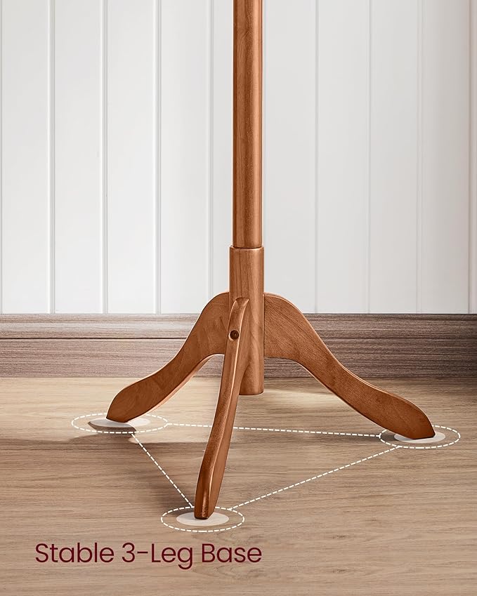 VASAGLE Solid Wood Coat Rack, Free Standing Tree-Shaped Coat Rack with 8 Hooks, 3 Height Options, for Clothes, Hats, Bags, Living Room, Bedroom, Home Office, Caramel Brown URCR01WN