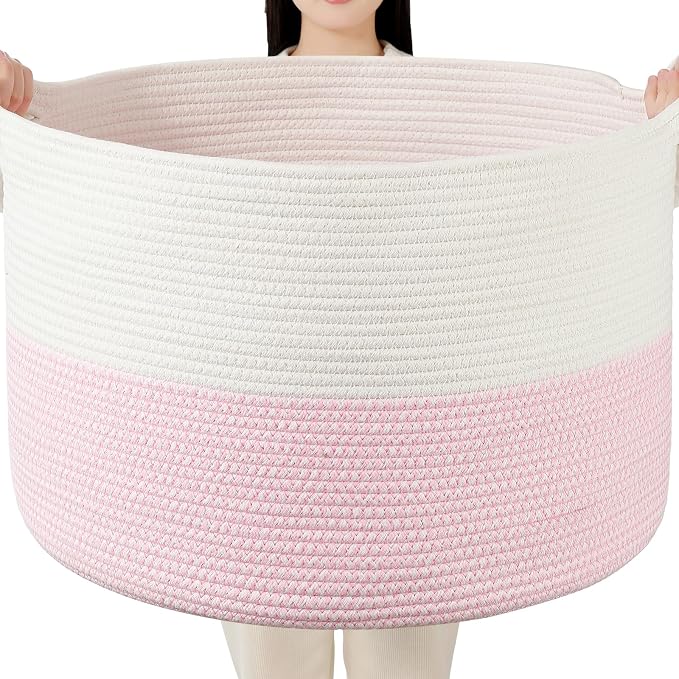 Foldable Laundry Hamper Basket with Collapsible Handle Cotton Rope Soft Woven Fabric Storage Organizer Clothes Toys Nursery Bedroom Dorm Space Saving Bin (White & Pink, 65L(19.7"D x 12.6"H))