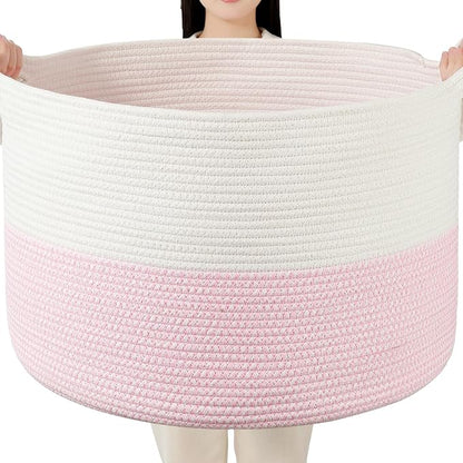 Foldable Laundry Hamper Basket with Collapsible Handle Cotton Rope Soft Woven Fabric Storage Organizer Clothes Toys Nursery Bedroom Dorm Space Saving Bin (White & Pink, 65L(19.7"D x 12.6"H))