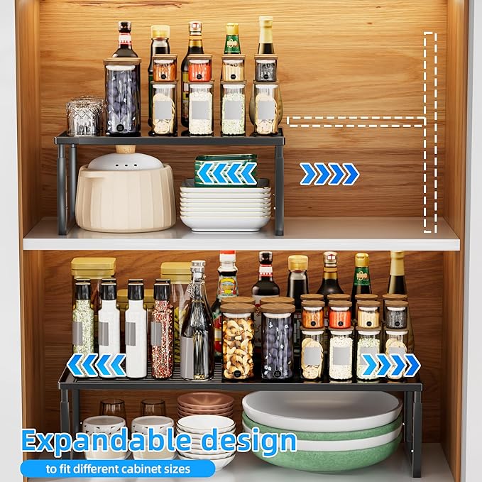 Shelf Organizer Stackable 1 Pack: Expandable (15.8"-25.5") Spice Rack Height Adjustable(6.2"/7.3"/8.5") Kitchen Organizer Countertop Metal Shelves for Pantry Storage Black