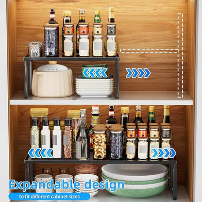Shelf Organizer Stackable 1 Pack: Expandable (15.8"-25.5") Spice Rack Height Adjustable(6.2"/7.3"/8.5") Kitchen Organizer Countertop Metal Shelves for Pantry Storage Black