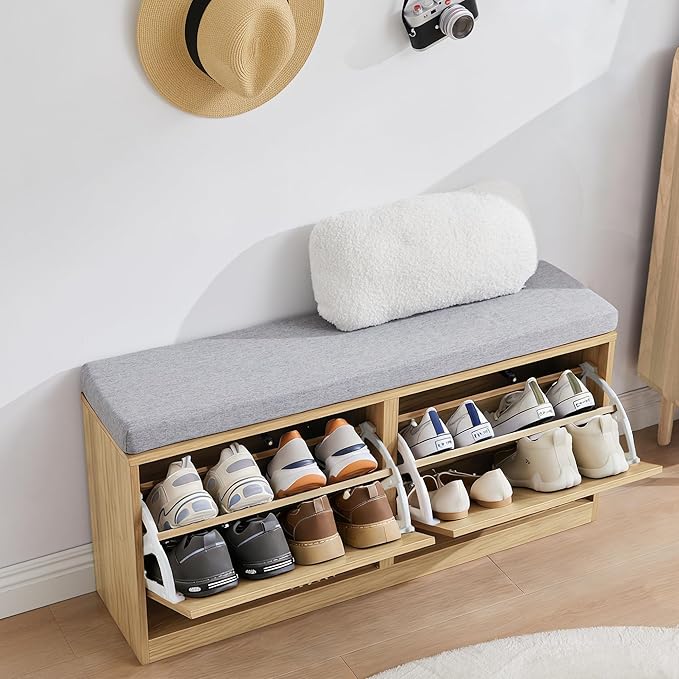 Narrow Shoe Storage Bench for Entryway, Wooden Shoe Cabinet with Flip Drawers& Adjustable Shelves, Shoe Rack Bench with Cushion, Shoe Organizer with Fluted Pattern for Hallway, Living Room (Natural)