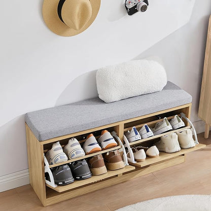 Narrow Shoe Storage Bench for Entryway, Wooden Shoe Cabinet with Flip Drawers& Adjustable Shelves, Shoe Rack Bench with Cushion, Shoe Organizer with Fluted Pattern for Hallway, Living Room (Natural)