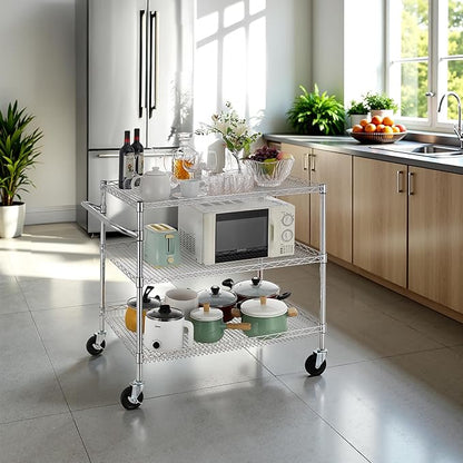 Finnhomy 3 Tier Heavy Duty Commercial Grade Utility Cart, Wire Rolling Cart with Handle Bar, Steel Service Cart with Wheels, Kitchen Carts on Wheels, Metal Cart Shelf Size 24" D x 36" W, NSF, Chrome