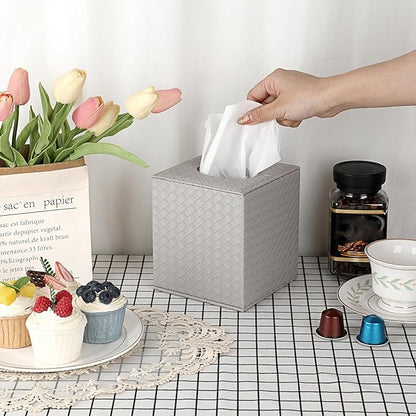 Sumnacon Tissue Box Cover Square Tissue Box Stylish PU Woven Lozenge Pattern Tissue Box Holder with Magnetic Bottom,Cube Leather Tissue Cover for Living Room Bathroom Table Desk Home Office Car,Grey