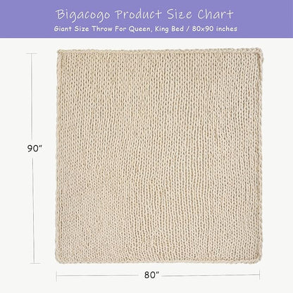 Bigacogo Chunky Knit Throw Blanket for Couch, 80x90 inches, 100% Hand Knitted with Thick Jumbo Chenille Yarn, Cozy Soft Large Rope Knot Cable Crochet Blankets for Sofa Bed Living Room, Beige