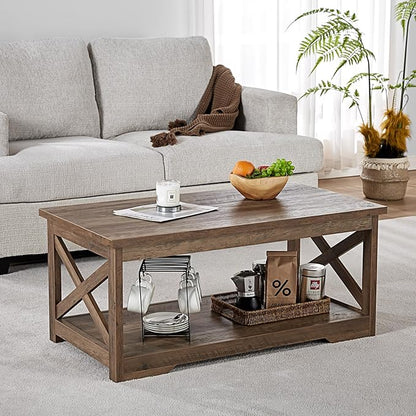 AMERLIFE 3-Piece Farmhouse Table Set Includes Coffee Table& Two End Tables, Side Table with Charging Station and USB Ports, for Living Room, Barnwood