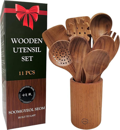 SOOMGYEOL SEOM 11-Piece Teak Wood Cooking Utensil Set with Holder | Wooden Spoons and Spatulas, Kitchen Countertop Organizer, Nonstick Safe Tools