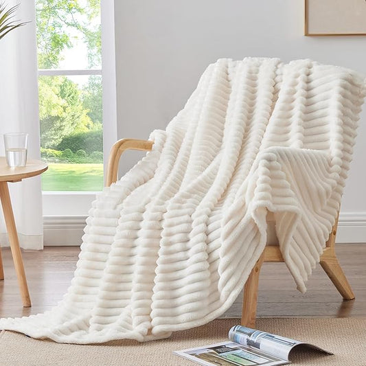 BEDELITE Fleece Throw Blanket for Couch - 300GSM Soft & Warm Fluffy Cream White Blanket, Decorative and Giftable Striped Blankets for Women, Men, 50"x60" (Pack of 2)
